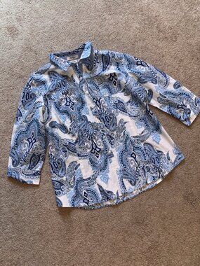 Van Heusen Cotton Button-Down Shirt Blue White Paisley Print XL
